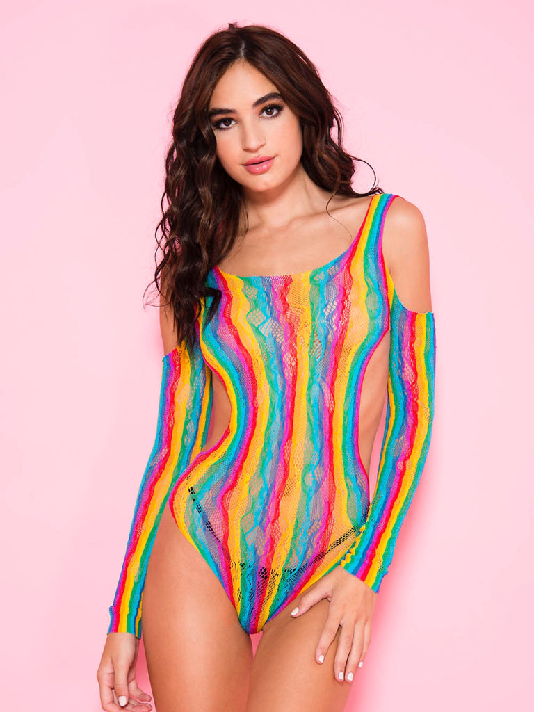 Open Shoulder Rainbow Teddy With Side Cut Outs - One Size