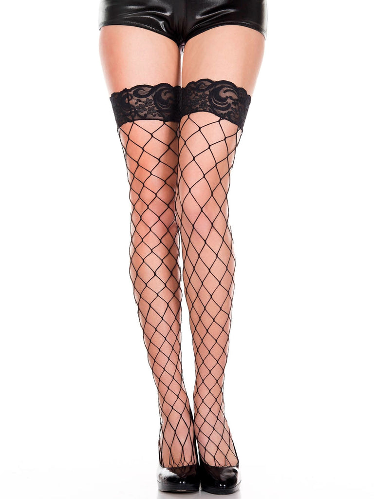 Lace Top Diamond Net Spandex Thigh Highs in Black